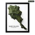 Framed wall art featuring a green 3D relief map of Bare Island (Waimárama) on a white background, with the text 'BARE ISLAND' and 'WAIMÁRAMA' below. A black frame surrounds the print, and a small 'New design' badge appears in the top-right corner.