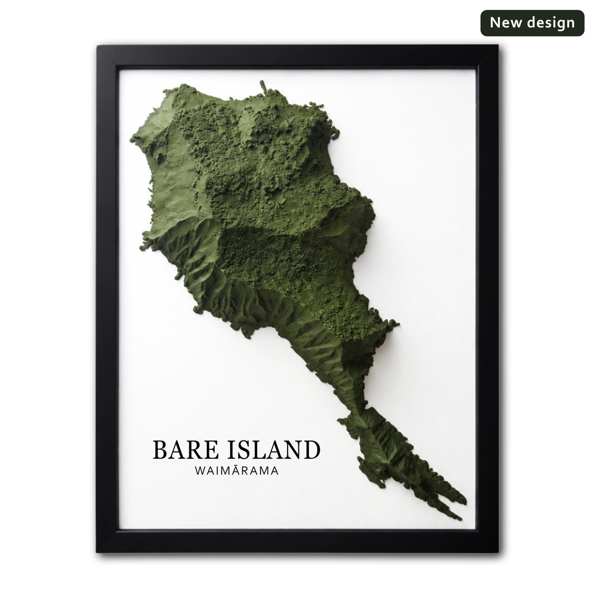 Framed wall art featuring a green 3D relief map of Bare Island (Waimárama) on a white background, with the text 'BARE ISLAND' and 'WAIMÁRAMA' below. A black frame surrounds the print, and a small 'New design' badge appears in the top-right corner.