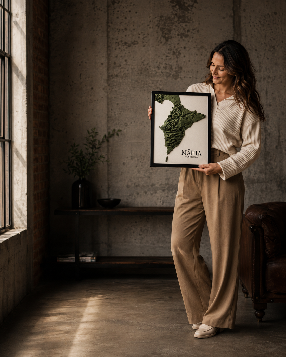 Woman holding framed Māhia Peninsula 3D terrain map wall art in a moody industrial studio